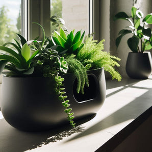 Oval självbevattnande blomkruka med dolt vattenreservoar